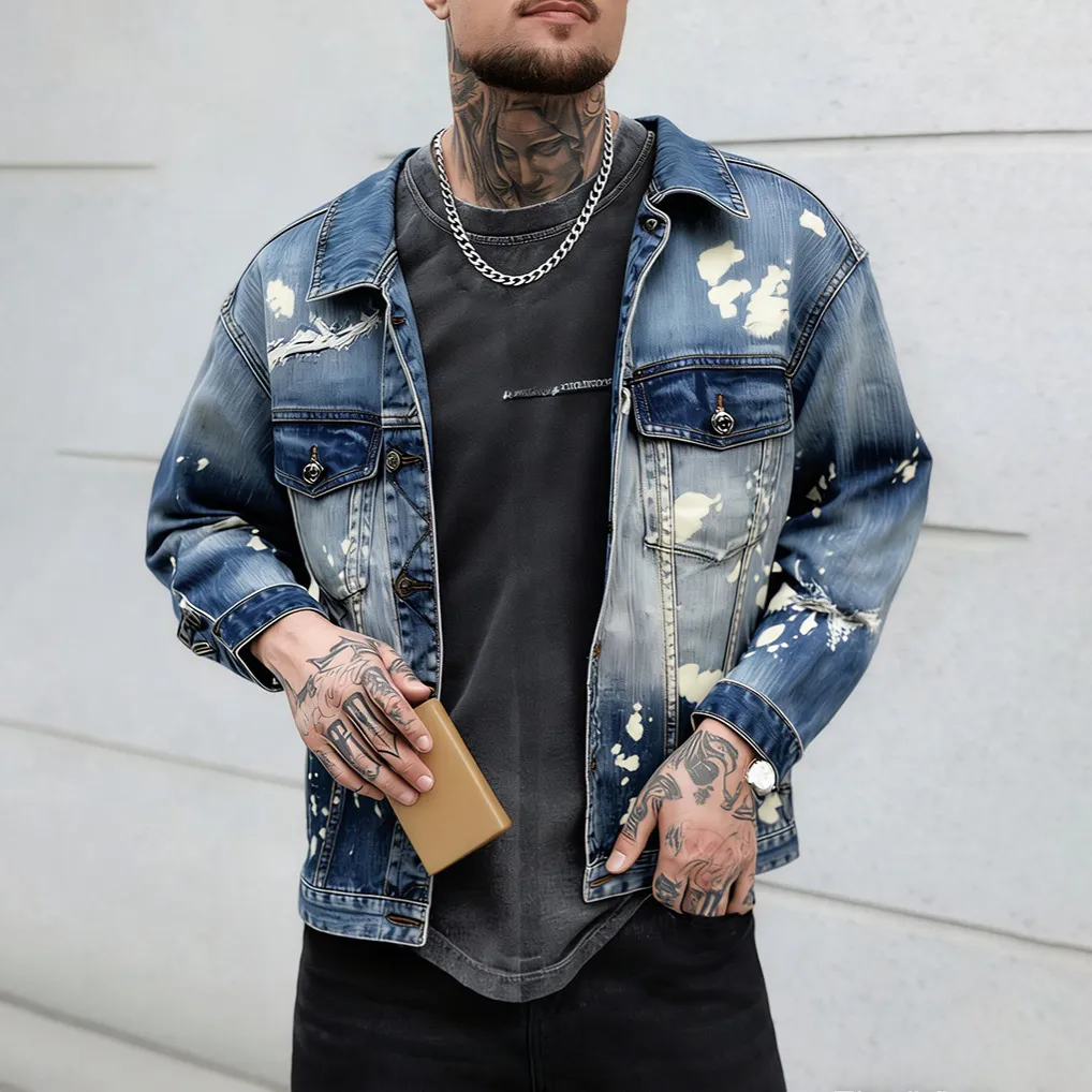 Men'S Casual Denim Jacket with Ripped Holes