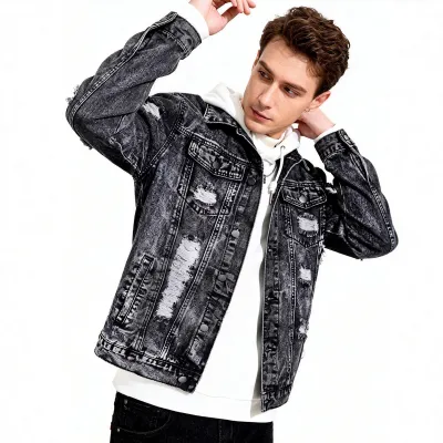 Men's Fashion Casual Washed Ripped Denim Jacket with Multiple Pockets