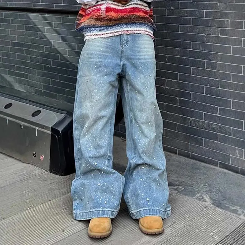 Men Fashion Rhinestone Loose Wide Leg Denim Jeans