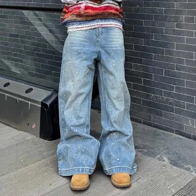 Men Fashion Rhinestone Loose Wide Leg Denim Jeans