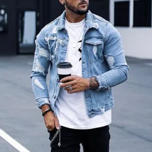 Men's Fashion Casual Ripped Denim Coat with Turn-Down Collar
