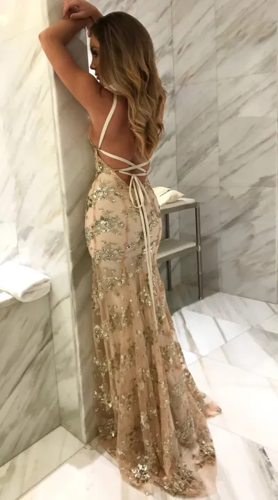 Women Sexy Strap V-Neck Backless Sequin Gown Party Evening Dress