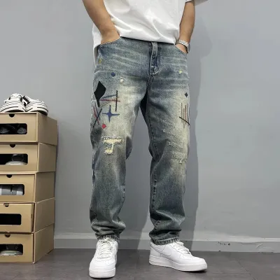 Men Fashion Casual Embroidered Printed Straight Leg Denim Jeans