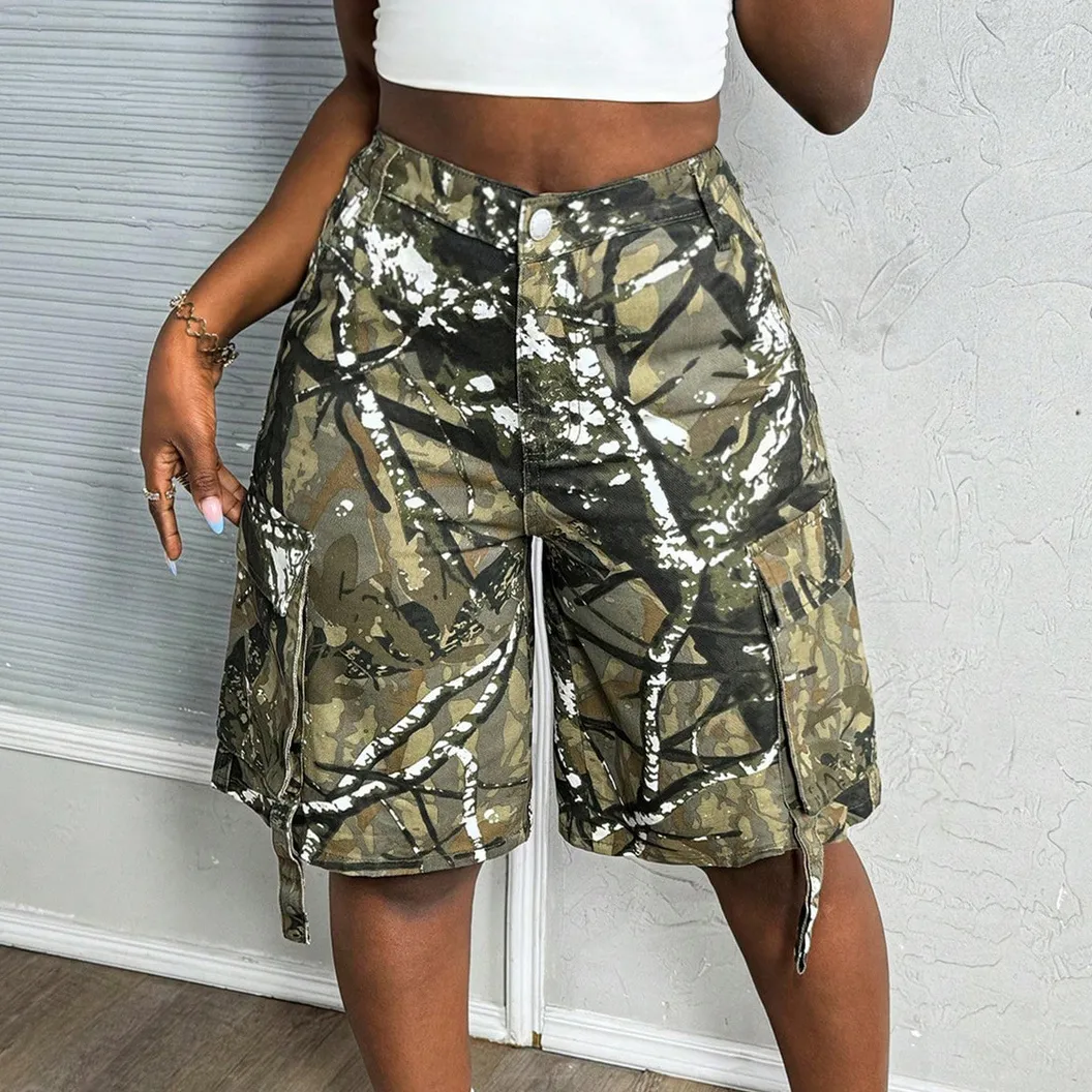 Woemn Fashion Casual Camouflage Loose Wide-Leg Pocket Denim Cargo Shorts