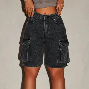 Women Fashion Casual Pockets Denim Cargo Shorts