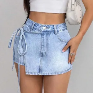 Women Fashion Casual Summer High Waist Fake Two-Piece Lace-Up Skort Denim Shorts