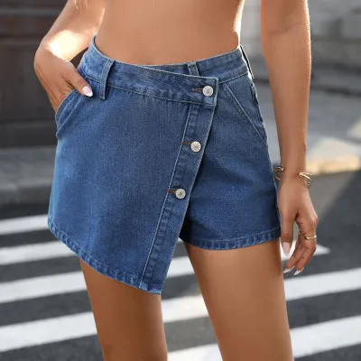 Women Fashion Summer Washed Buttoned Irregular Skort Denim Shorts