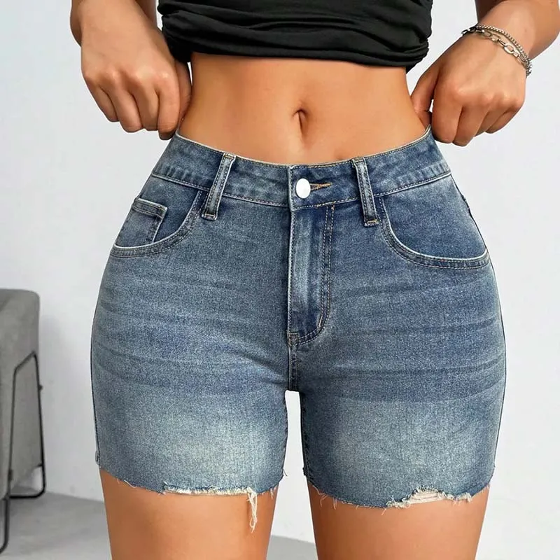 Women Fashion Simple High Waist Tight Denim Shorts