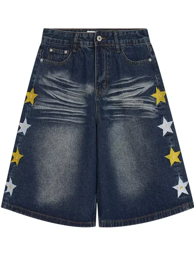 Women Fashion Casual Washed Star Loose Denim Shorts