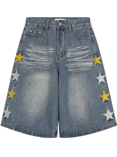 Women Fashion Casual Washed Star Loose Denim Shorts