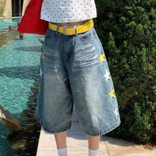 Women Fashion Casual Washed Star Loose Denim Shorts