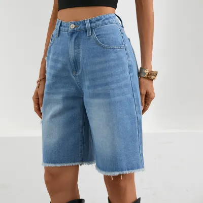 Women Fashion Casual Ripped Fringe Denim Shorts