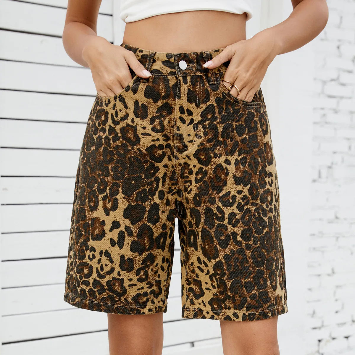 Women Fashion Casual Retro Summer Washed Leopard Denim Shorts