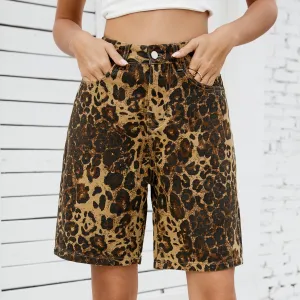 Women Fashion Casual Retro Summer Washed Leopard Denim Shorts