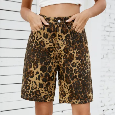 Women Fashion Casual Retro Summer Washed Leopard Denim Shorts