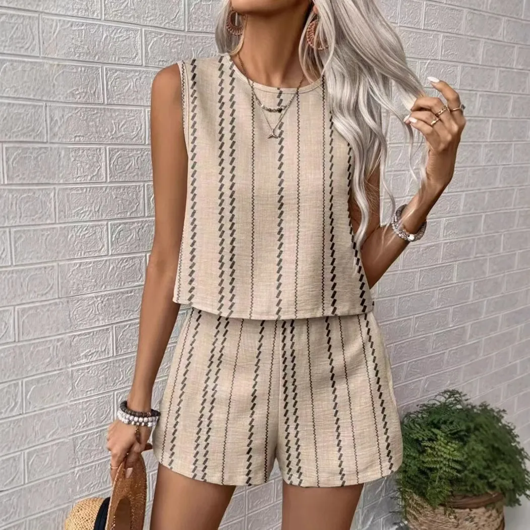 Women Casual Stripe Tanks And Shorts Two-Piece Set