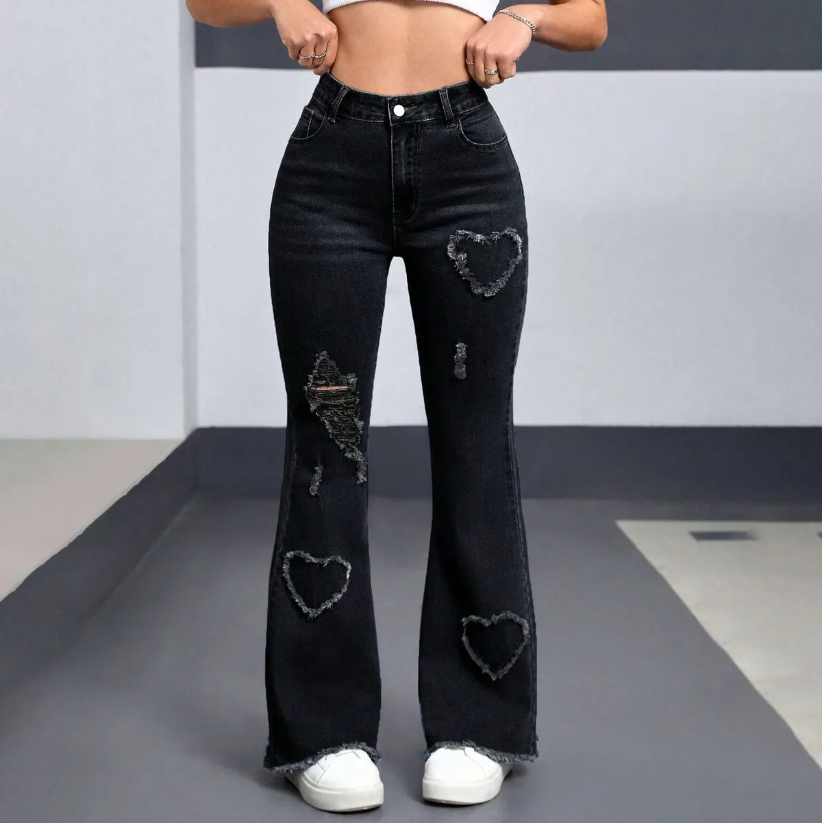 Women Fashion Stretch Heart Pattern Ripped High Waist Bootcut Jeans