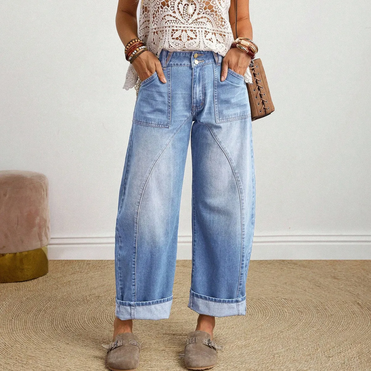 Women Fashion Casual Loose Wide Leg Jeans