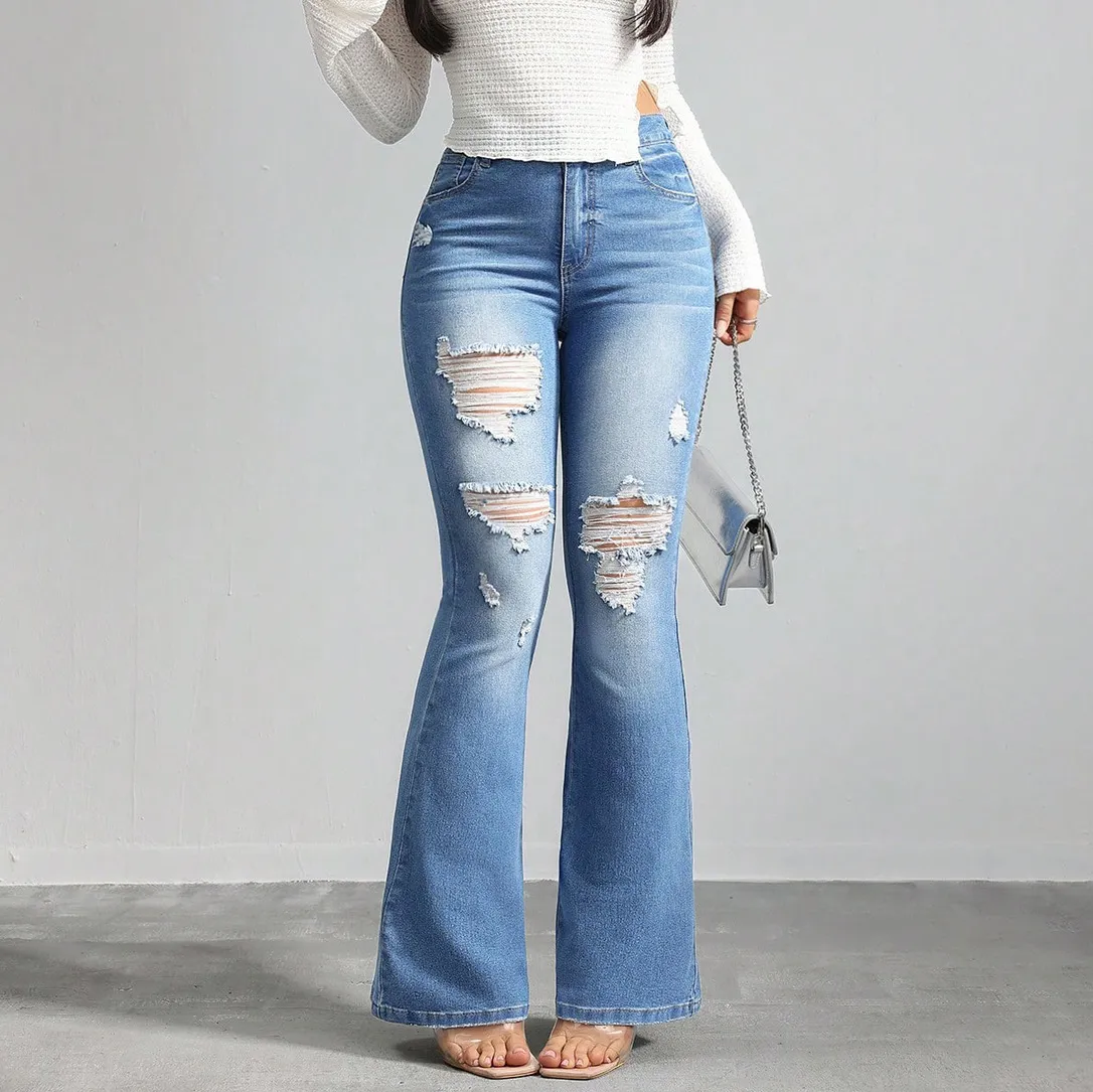 Women Fashion Sexy Ripped Flared Jeans