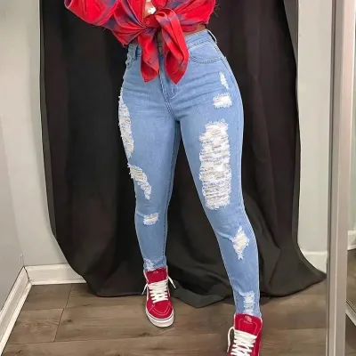 Women Fashion Sexy Ripped Slim-Fit Stretch Skinny Jeans