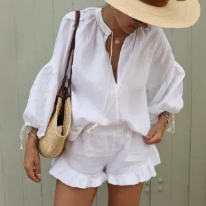 Women'S Casual Fashion Cotton Linen Solid Color Loose V-Neck Lantern Sleeve Shirt And Shorts Two-Piece Set