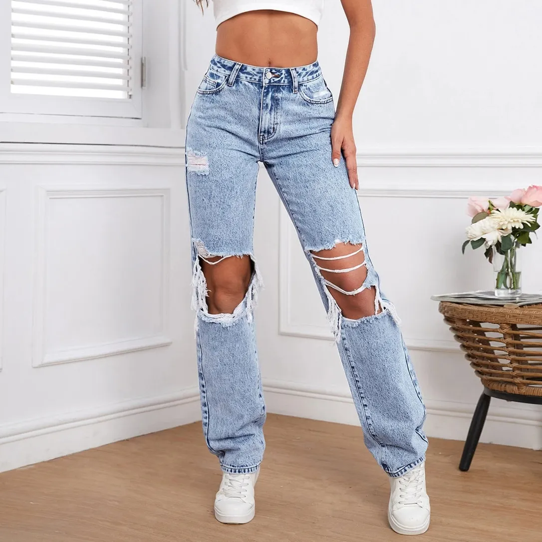 Women Fashion Casual Ripped Straight Jeans