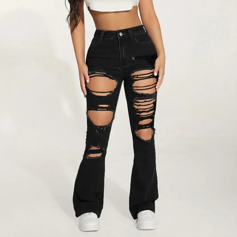 Women Fashion Hip Hop Ripped High Waist Stretch Bootcut Jeans