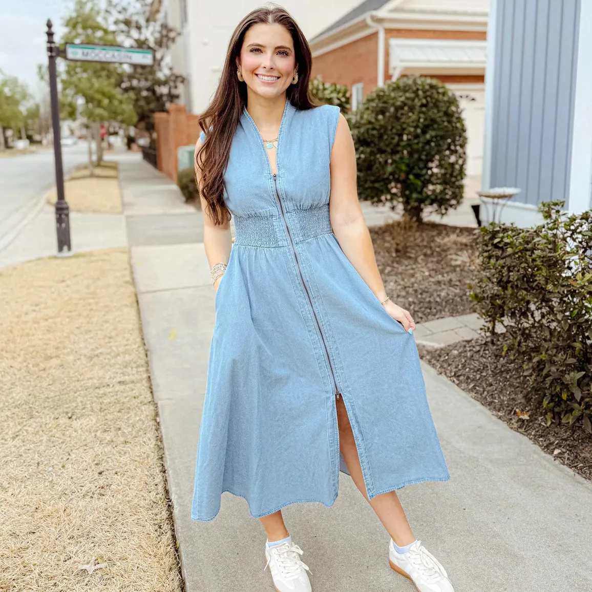 Women Fashion Casual Summer V-Neck Sleeveless Tight Waist A-Line Loose Denim Dress