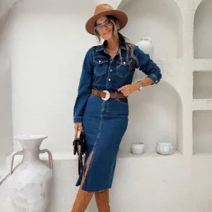 Women Fashion Casual Lapel Long Sleeve Multi-Button Bodycon Denim Dress