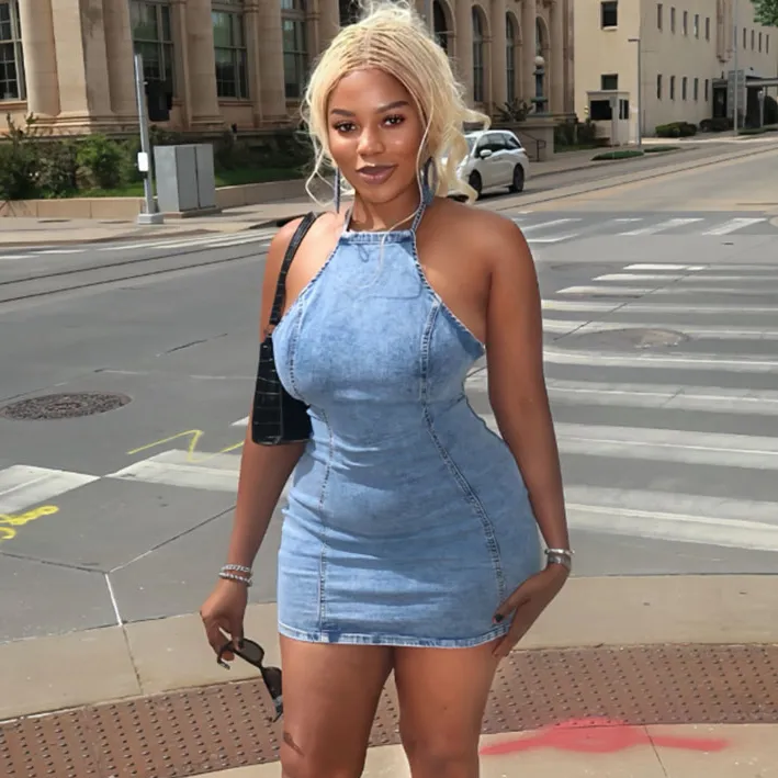 Women Fashion Sexy Halter-Neck Lace-Up Backless Denim Dress