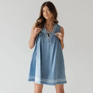 Women Fashion Casual Summer V-Neck Sleeveless Embroidered Loose Denim Dress
