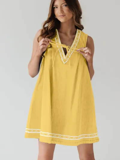 Women Fashion Casual Summer V-Neck Sleeveless Embroidered Loose Denim Dress