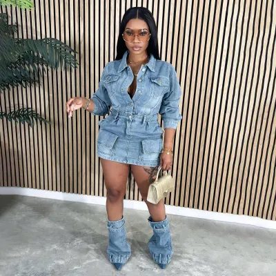 Women Fashion Sexy Washed Lapel Long-Sleeve Multi-Pocket Denim Dress Calf Pants Set