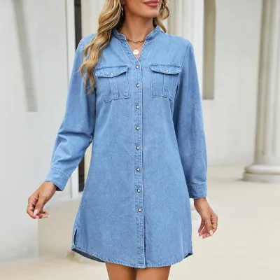 Women Fashion Casual Simple Solid Color Long-Sleeve Single-Breasted Side Slit Loose Washed Denim Dress
