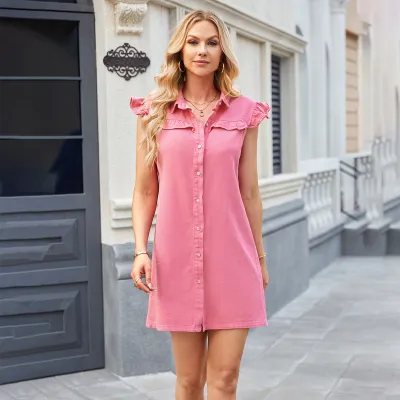 Women'S Fashion Casual Spring And Summer Solid Color Wash Curled Edge Short-Sleeve Single-Breasted Loose Denim Dress