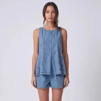 Women Fashion Casual Solid Color Sleeveless Pleated Tank Top Shorts Denim Two-Piece Set
