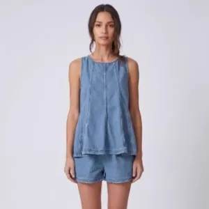 Women Fashion Casual Solid Color Sleeveless Pleated Tank Top Shorts Denim Two-Piece Set