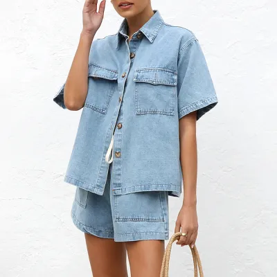 Women Fashion Casual Lapel Short-Sleeve Loose Top Pocket Shorts Denim Two-Piece Set