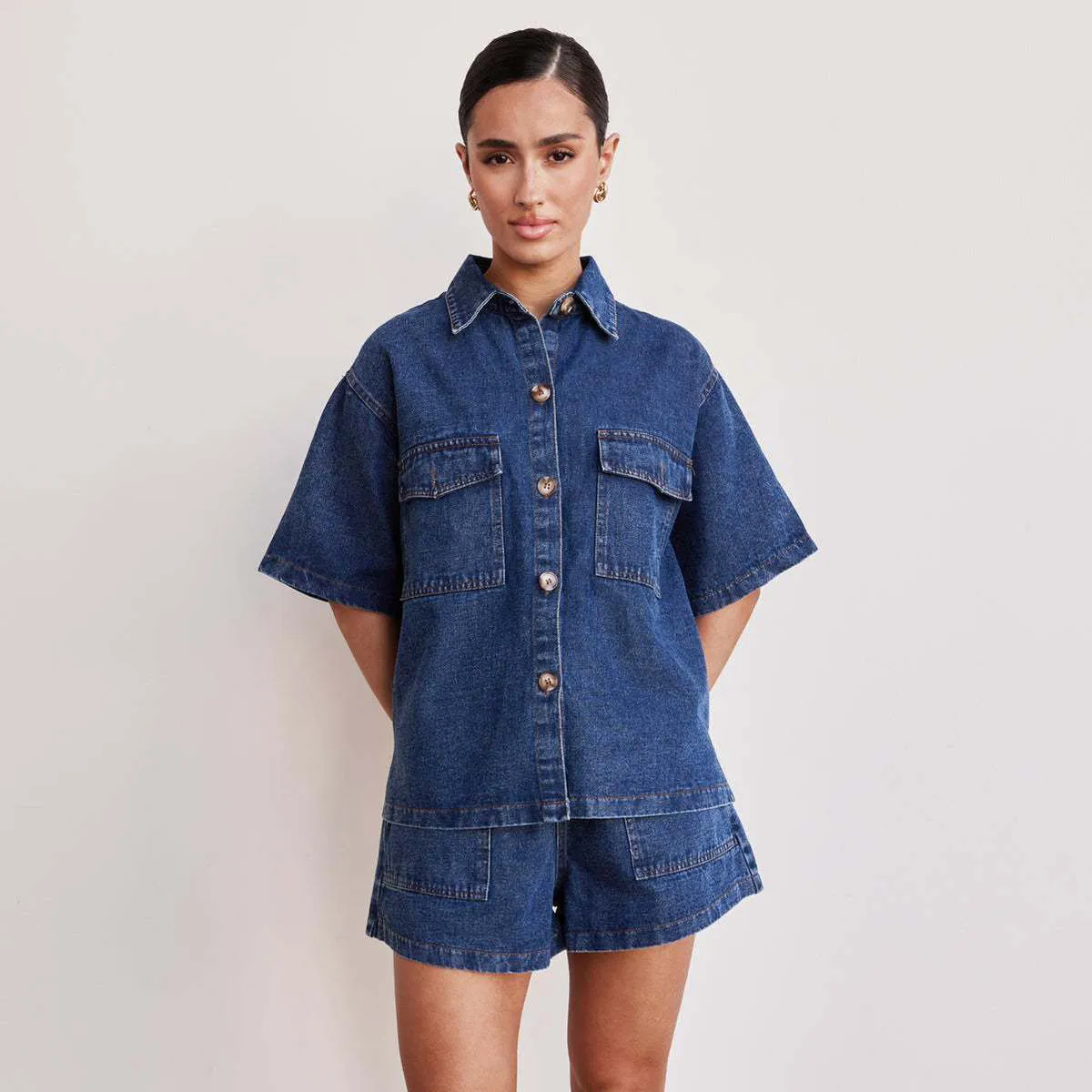 Women Fashion Casual Lapel Short-Sleeve Loose Top Pocket Shorts Denim Two-Piece Set