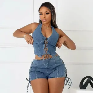 Women Fashion Sexy High Elastic Washed Halter-Neck Lace-Up Top Tight Shorts Denim Two-Piece Set