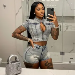 Women Fashion Sexy High Elastic Washed Denim Short-Sleeve Zipper Crop Top Tight Shorts Denim Two-Piece Set