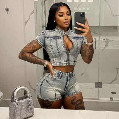 Women Fashion Sexy High Elastic Washed Denim Short-Sleeve Zipper Crop Top Tight Shorts Denim Two-Piece Set