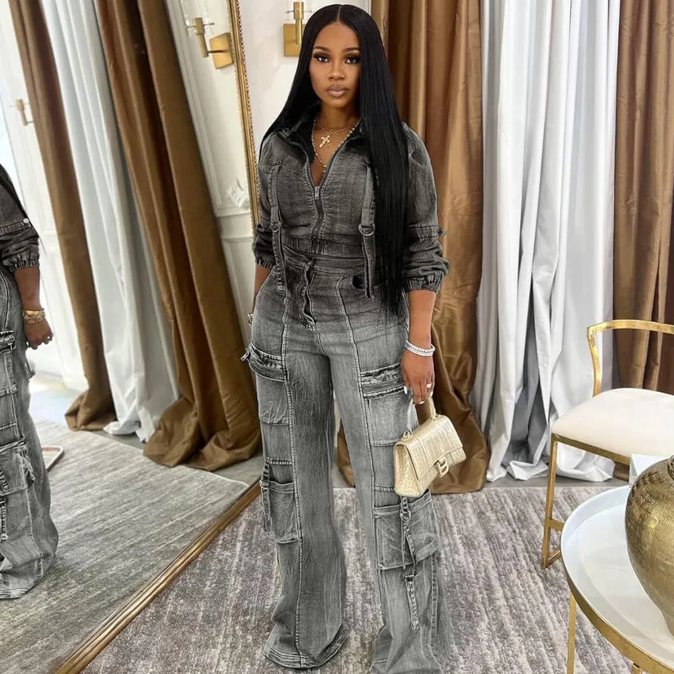 Women Fashion Casual High Elastic Washed Long-Sleeve Zipper Jacket Multi-Pocket Cargo Jeans Denim Two-Piece Set