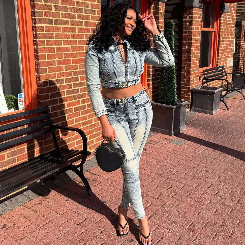 Women Fashion Sexy High Elastic Stitching Washed Long-Sleeve Zipper Crop Top Skinny Jeans Denim Two-Piece Set