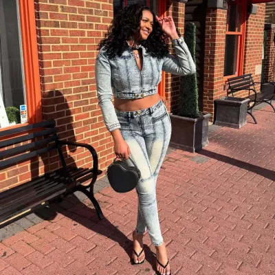 Women Fashion Sexy High Elastic Stitching Washed Long-Sleeve Zipper Crop Top Skinny Jeans Denim Two-Piece Set