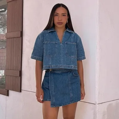 Women Fashion Casual Lapel Short-Sleeve Top Irregula Shorts Denim Two-Piece Set
