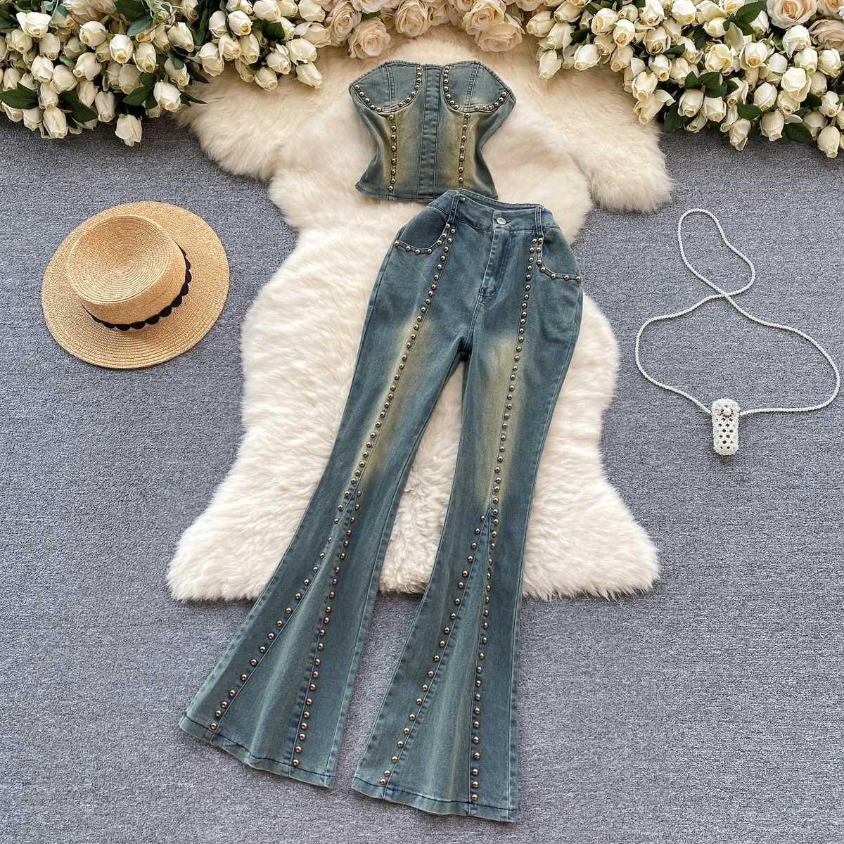 Women Fashion Sexy Rivet Tube Top High Waist Flared Jeans Denim Two-Piece Set
