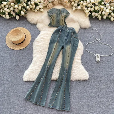 Women Fashion Sexy Rivet Tube Top High Waist Flared Jeans Denim Two-Piece Set
