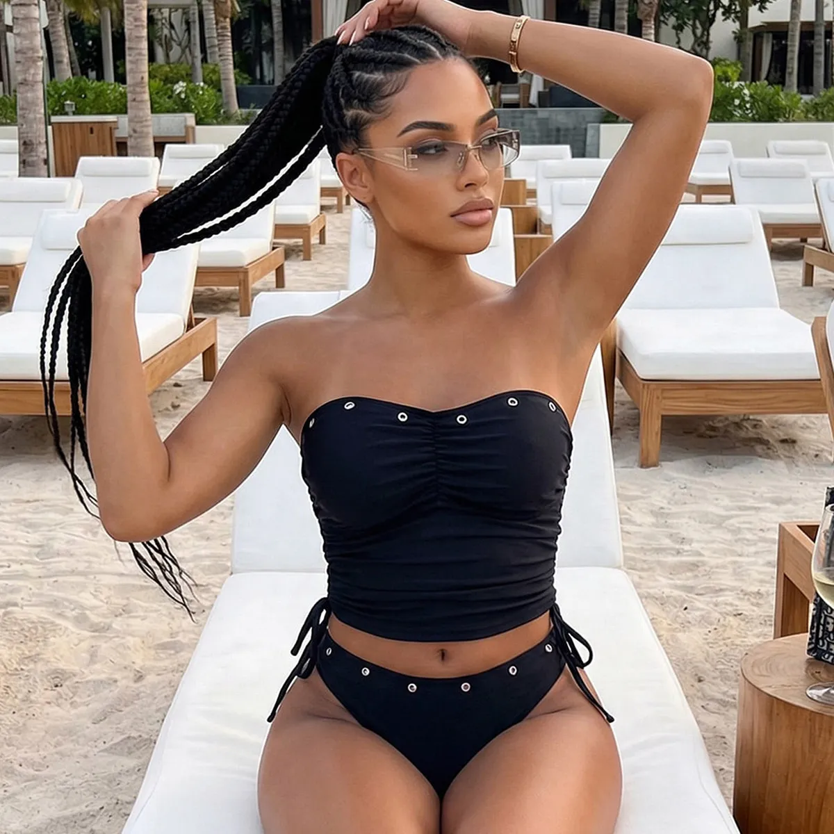 Women Fashion Sexy Solid Color Nylon Pleated Bikini Swimsuit