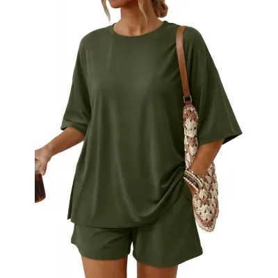 Women Fashion Casual Solid Color Round-Neck Short-Sleeve T-Shirt Loose Shorts With Pockets Two-Piece Set
